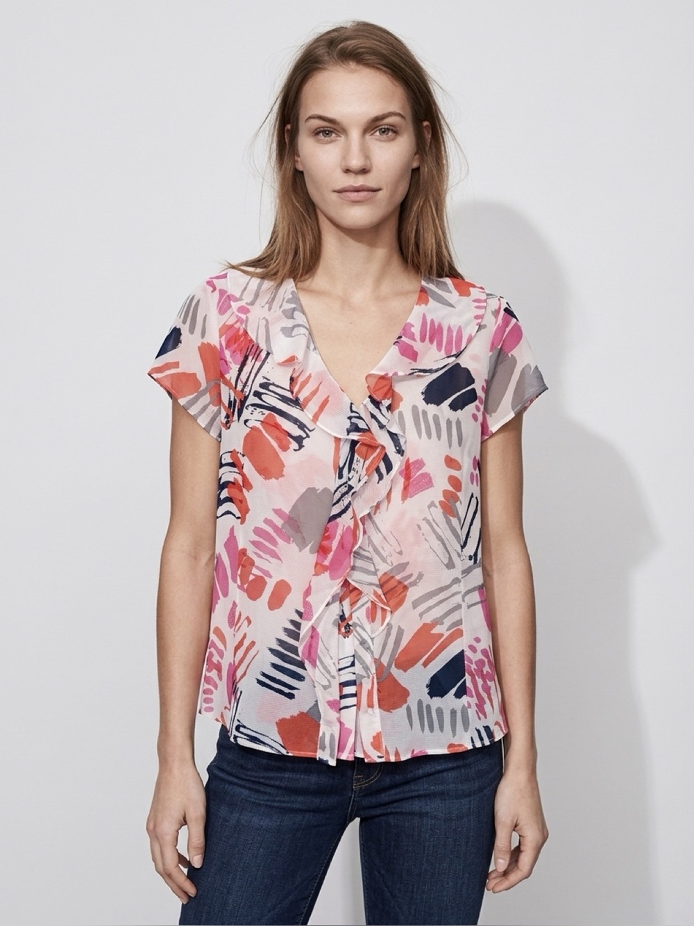 Banana Republic Pink Red Abstract Silk
Cotton Ruffle Top XL. NWT